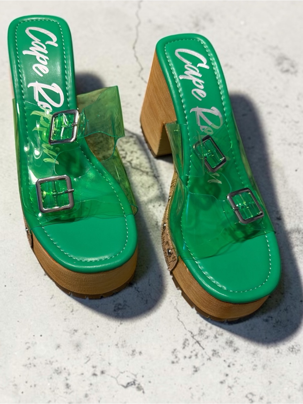 Cape Robbin Green Clear-Strap Platform Mules